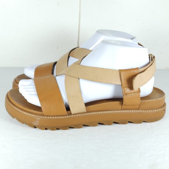 Sorel Women's Grooming US8,5 Tan Leather Criss Cross Platform Slingback Sandals - Picture 2 of 16
